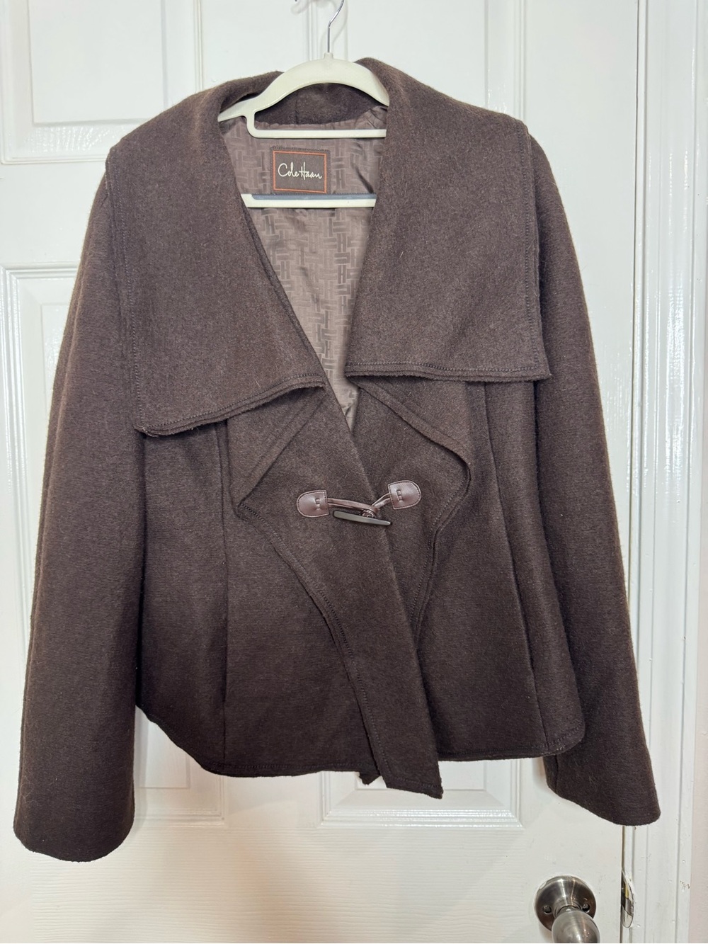 Cole Haan Women's Dark Brown Wool-Blend Toggle Pea Coat